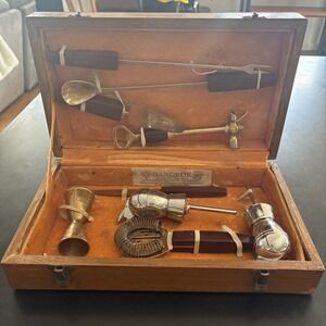 Vintage Bangkok 7 Piece  Thai Bronzeware Bar Mixing Set with Original Case Teak